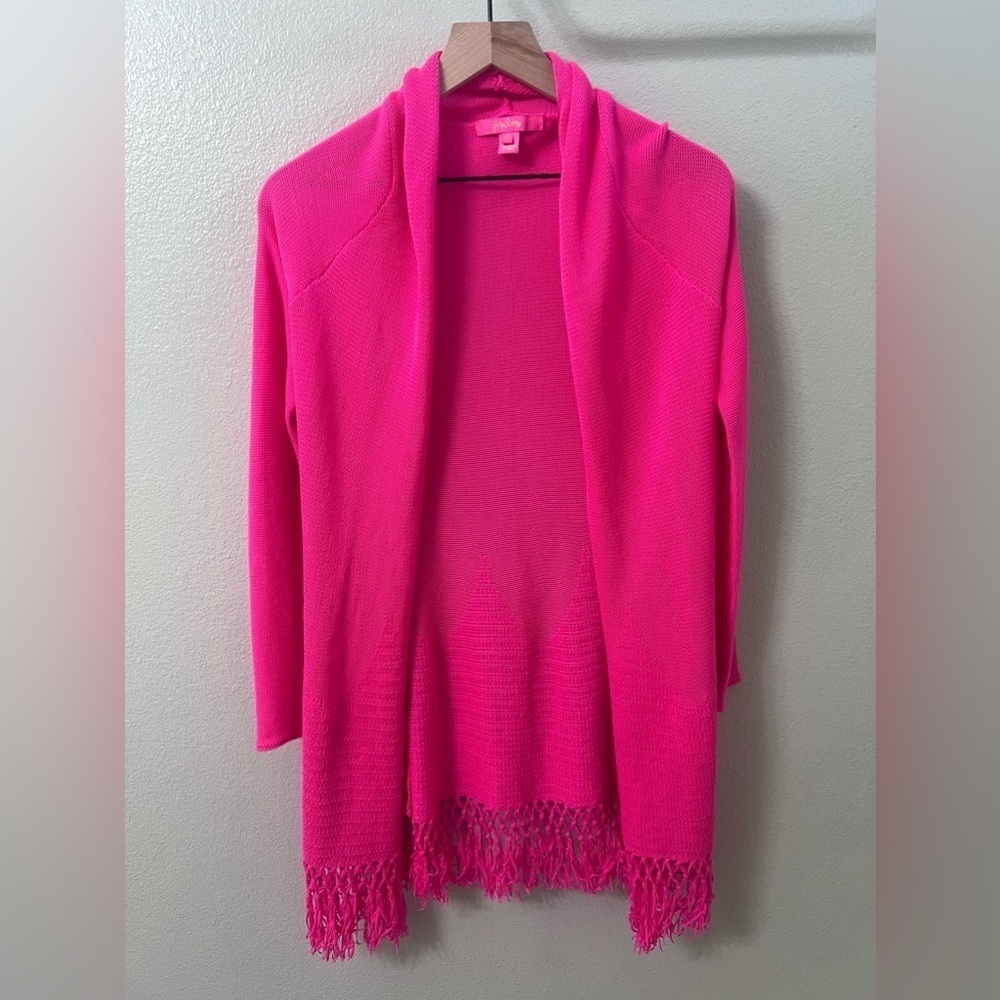 Lilly Pulitzer Tatum Sweater Women XS Pascha Hot Pink Fringe Hem Open Cardigan